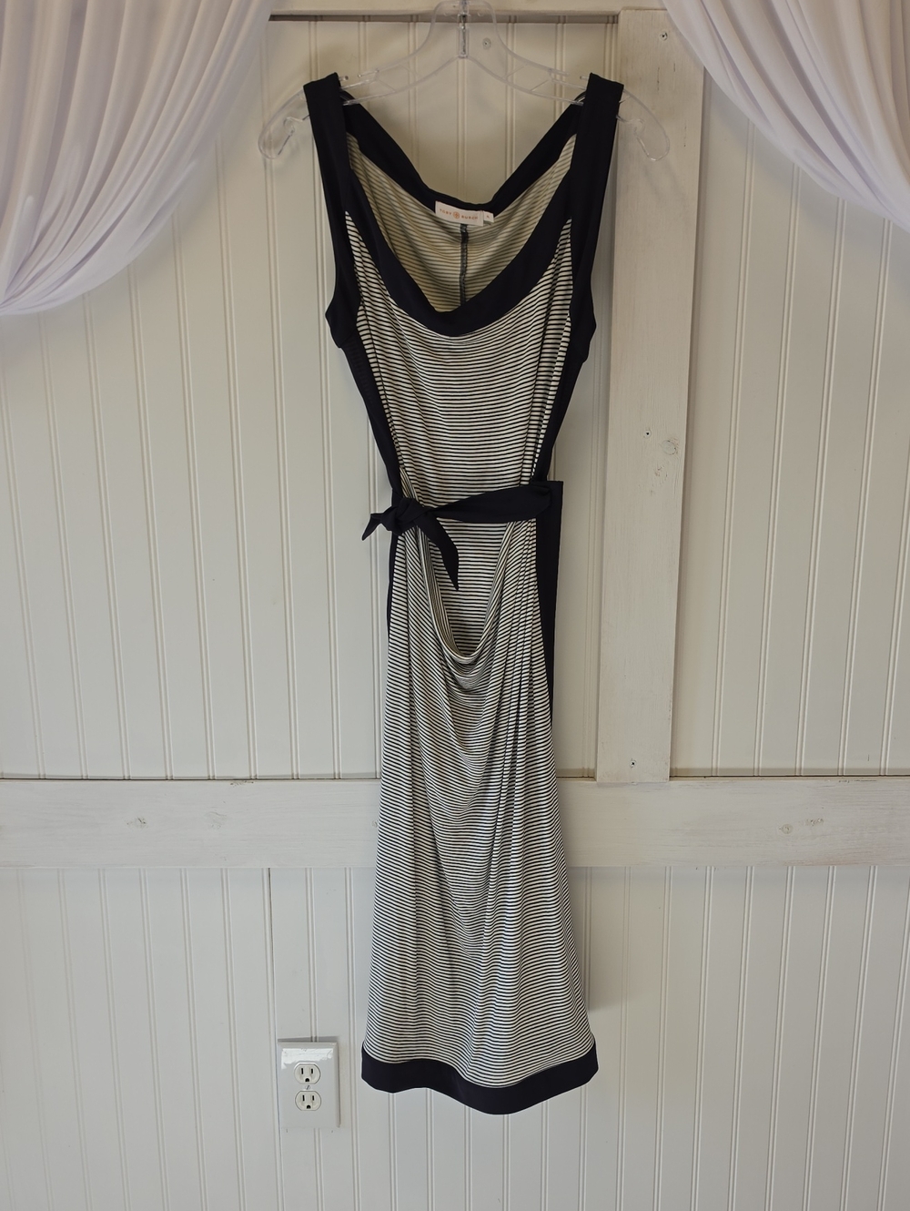 Tory Burch Kyla Navy Blue Cream Sleeveless Striped Jersey Wrap Dress Size XL